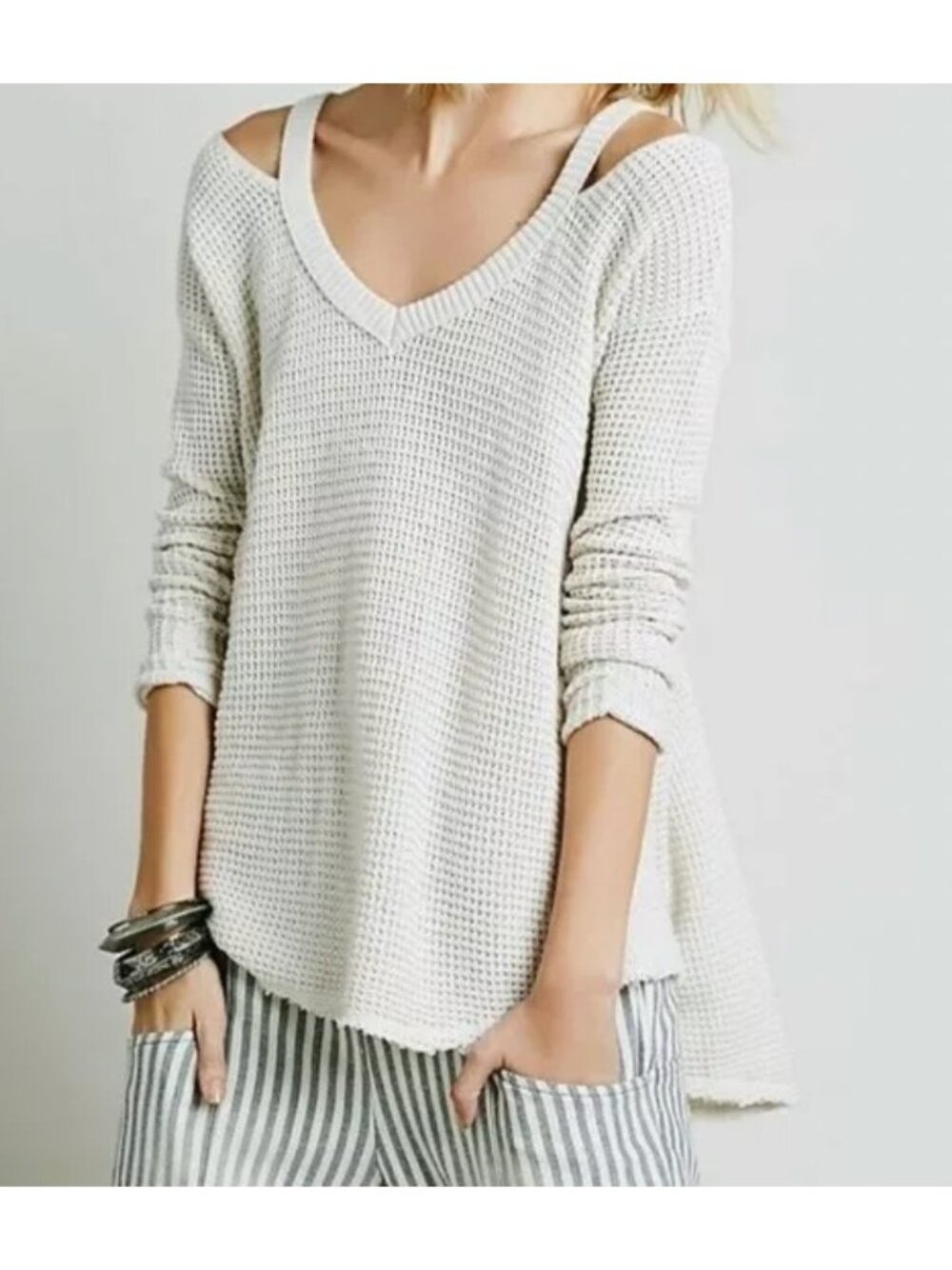 Free People Cold Shoulder Thermal Knit‎ Top Womens M Ivory Bulky Long Sleeve